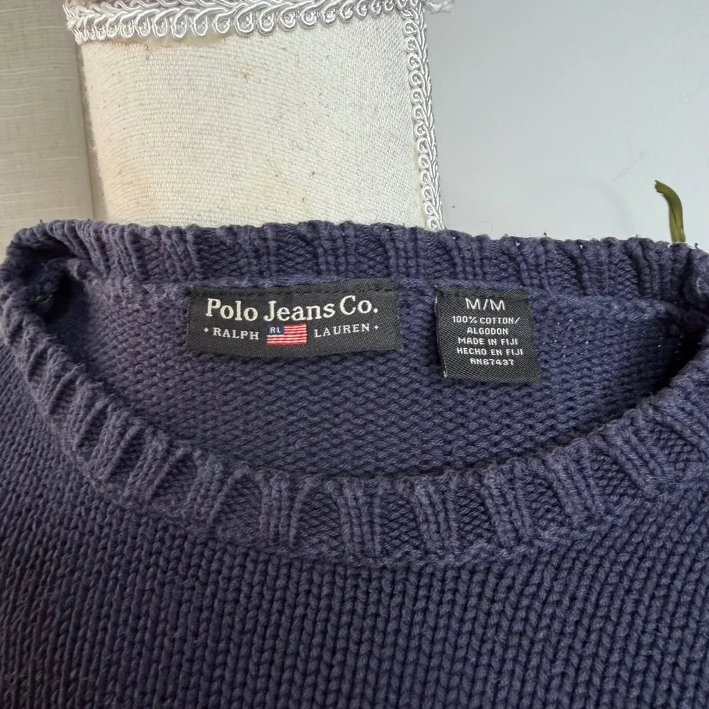 Vintage Polo Jeans Ralph Lauren USA Flag Knit Sweater Navy Blue Women's Medium - Picture 8 of 8